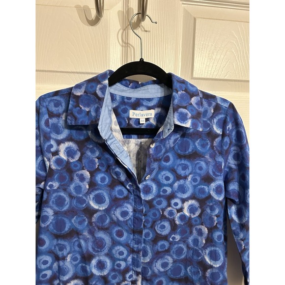 Perlavera XS Dress Blue Pattern Button Up Collar Cotton Preppy Comfort Chic - Picture 5 of 9